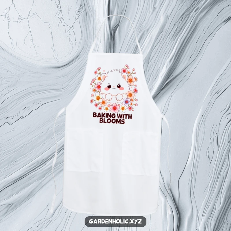 Funny apron with a fluffy creature surrounded by colorful blossoms, ideal for chefs who love cute designs and floral themes.
