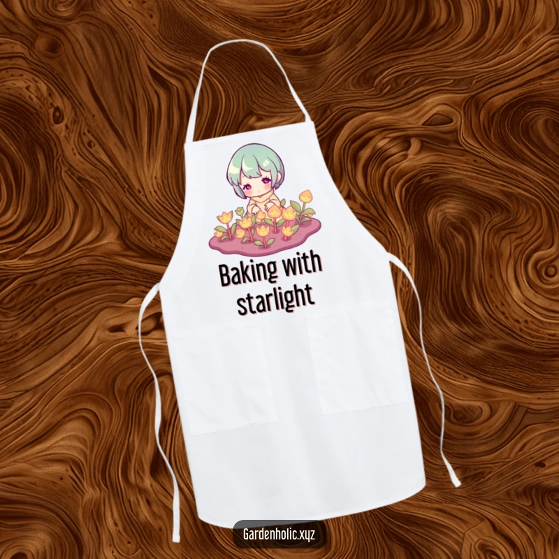 Funny Apron: Chef character tending to glowing plants, adding a touch of magic and protection to kitchen wear.