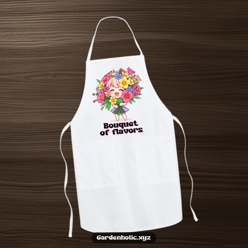 Funny apron featuring a joyful character with a giant bouquet, perfect for kitchen tasks and spreading cheer, a practical and funny gift.