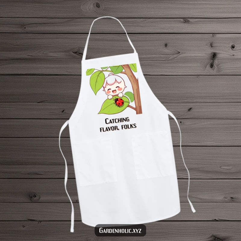 Funny apron showing a joyful character with rosy cheeks catching a falling ladybug on a leaf.