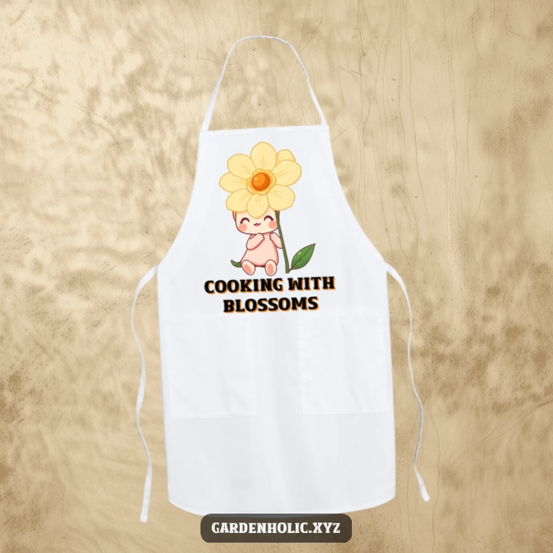 Funny apron showing a happy character joyfully admiring a vibrant flower, ideal for adding cheer to kitchen tasks.