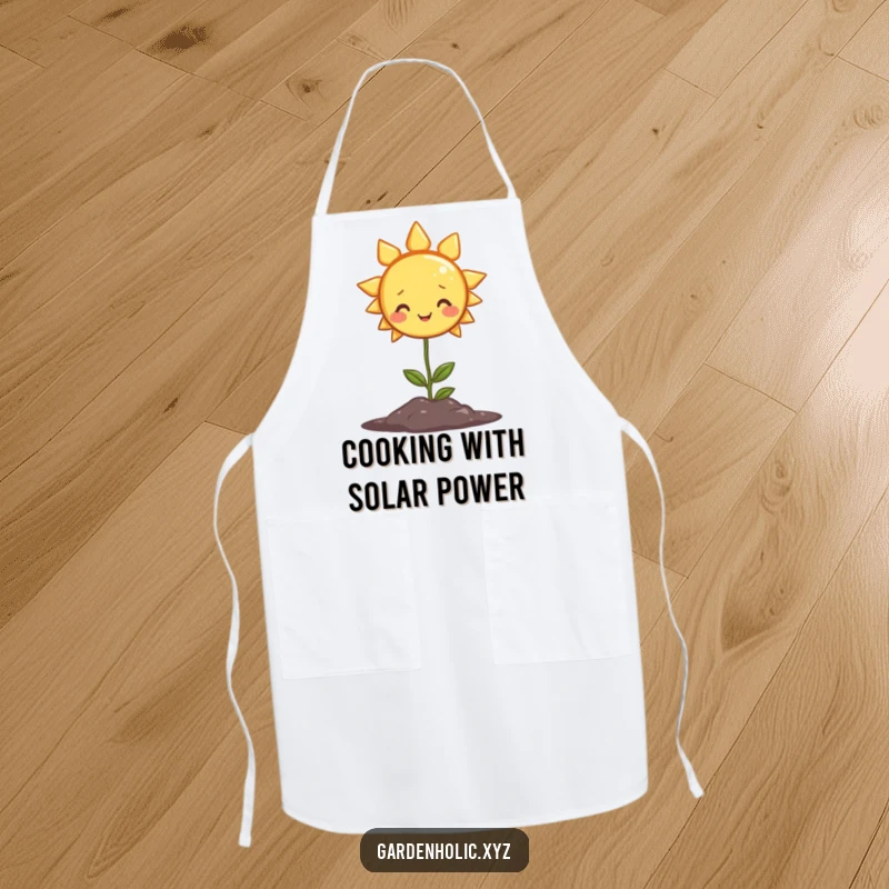 Funny apron featuring a smiling sun character beaming warmth onto a plant, perfect for cheerful cooking and gardening.