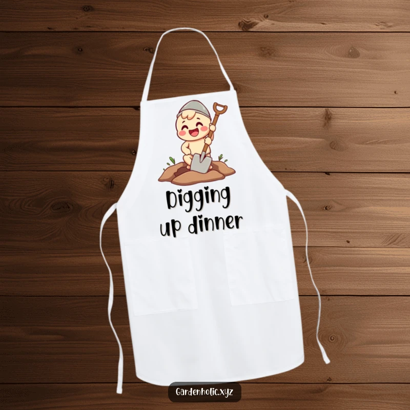 Funny apron showing a beaming character enthusiastically digging a perfect hole with a spade, great for messy tasks.