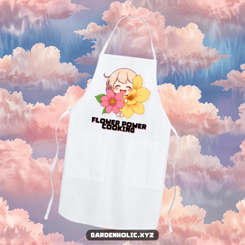 Funny apron showcasing a character giggling gleefully while holding a large, colorful flower, ideal for kitchen fun.
