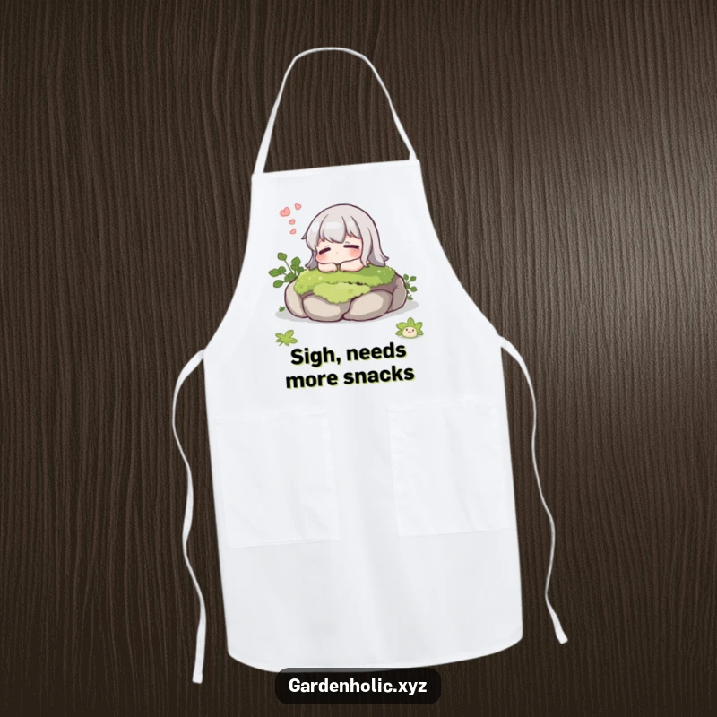Funny apron showing a character with a contented sigh resting on a mossy stone, adding humorous relaxation to kitchen tasks.
