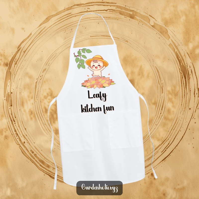 Funny apron featuring a joyful character in a sun hat bouncing on a heap of colorful autumn leaves, ideal for kitchen fun.