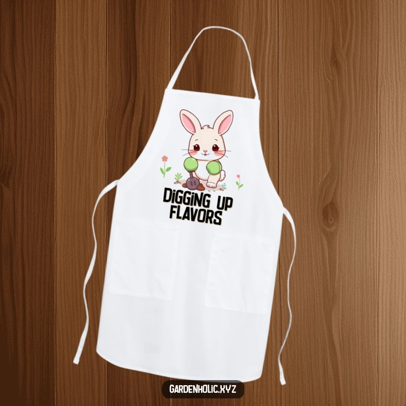 Funny bunny apron showing a cute bunny in oversized gardening gloves, digging happily, ideal for a humorous garden gift.