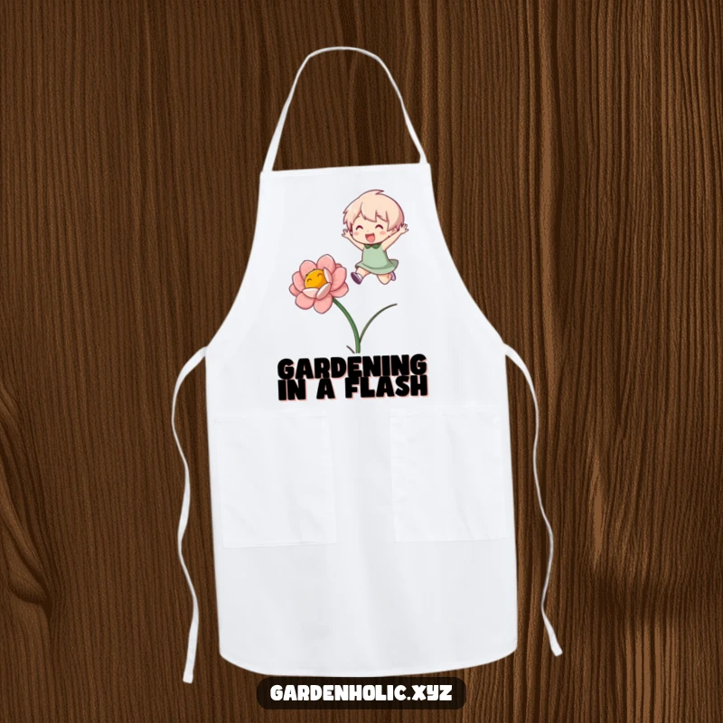 Funny Apron: Chef character joyfully jumping over a blooming flower while cooking, bringing fun to the kitchen.