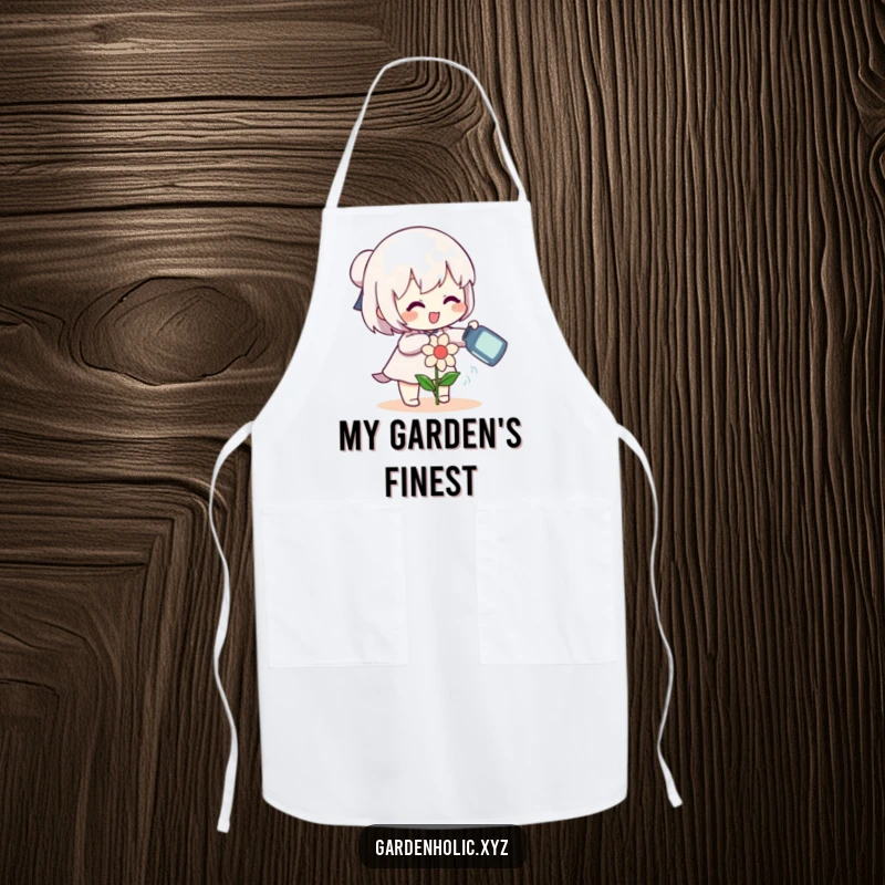 Funny character gleefully watering a small, smiling flower with a can on a kitchen apron, perfect for gardening with cheer, a funny gift.