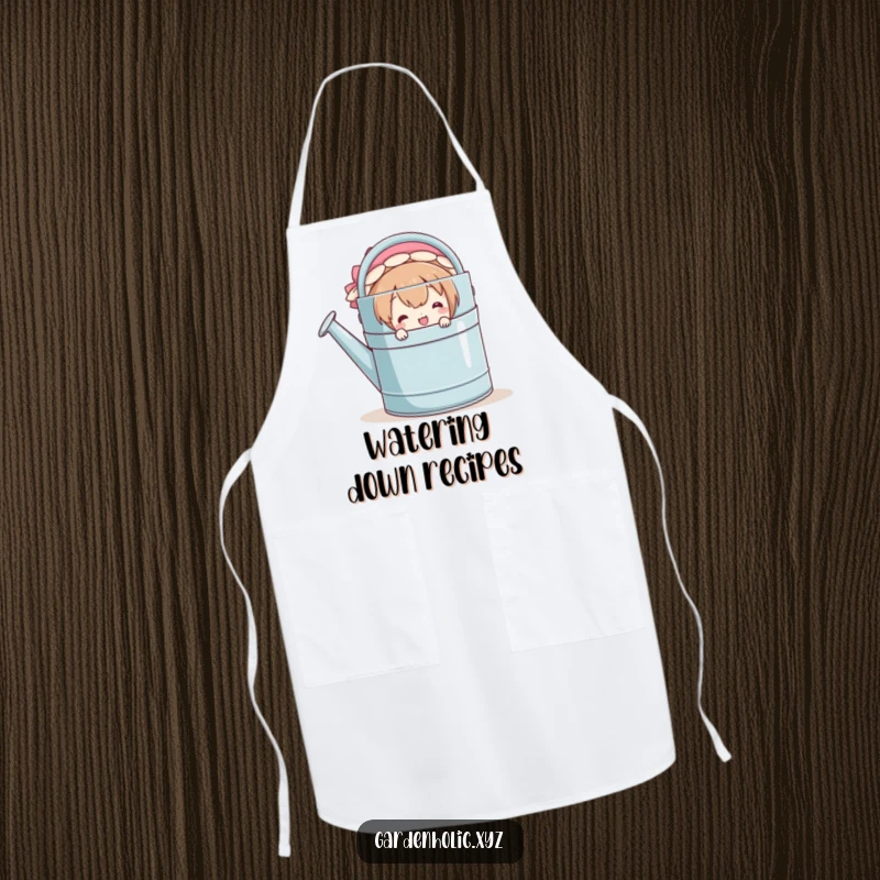 Funny apron showing a character smiling coyly as it peeks from behind a massive watering can, adding a whimsical touch to chores.