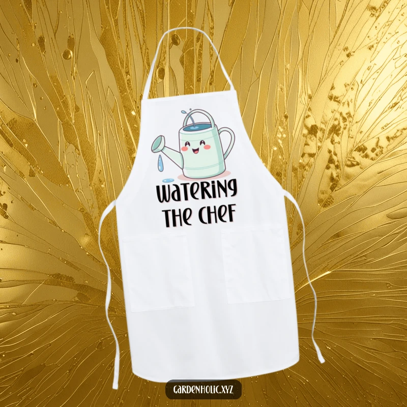 Funny gardener apron showing a watering can with a tiny, delighted face comically spilling water onto its own spout, adding kitchen humor.