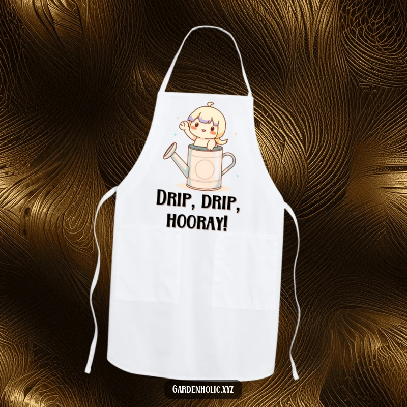 Funny apron featuring a small waving character on a watering can, perfect for kitchen tasks with a humorous touch.
