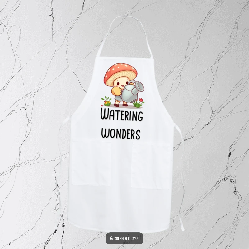 Funny apron with a tiny mushroom wearing oversized gardening gloves, struggling to lift a giant watering can, for kitchen or garden.