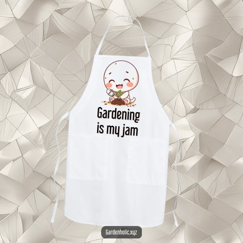 Funny apron showing a happy character with dirt smudges on cheeks, watering a tiny sprout with care.