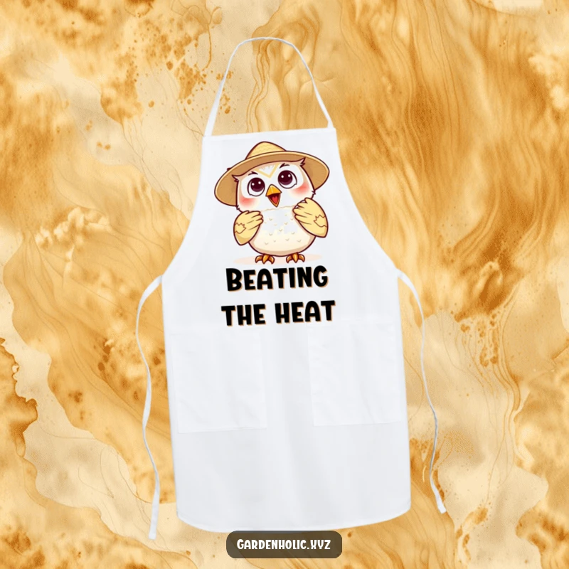 Funny owl chef apron, a happy character wearing a straw hat and fanning itself, ideal for cooks who appreciate humor and summer vibes.