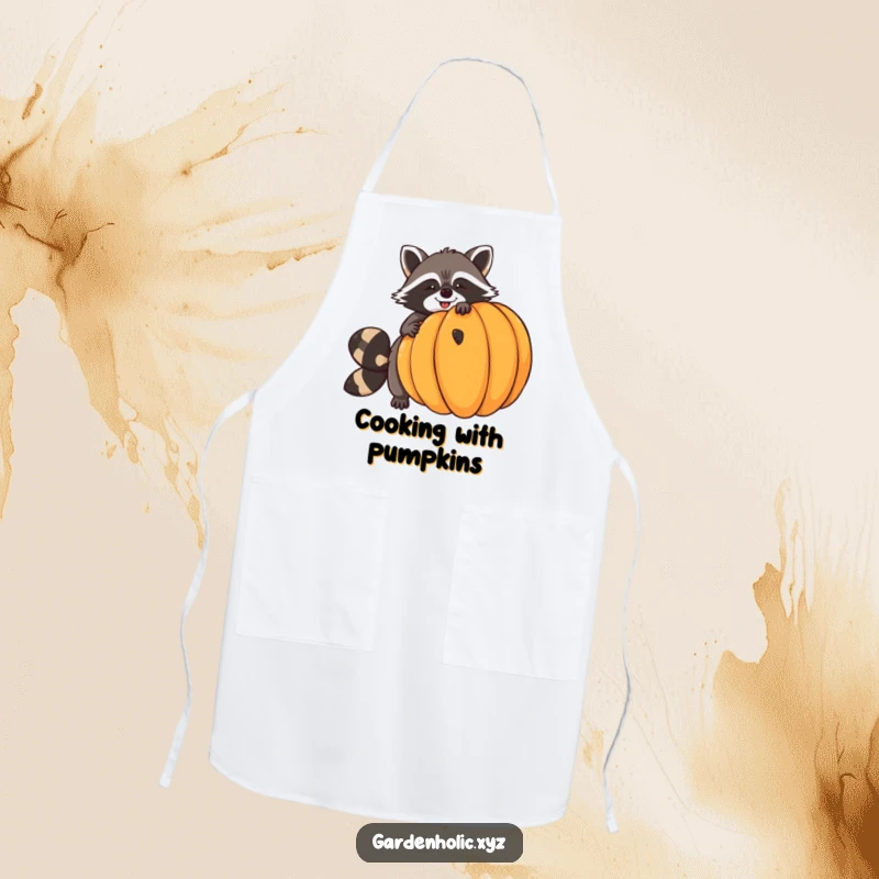 Funny raccoon apron showing a giggling raccoon trying to balance a huge pumpkin, perfect for a humorous and festive cooking experience.