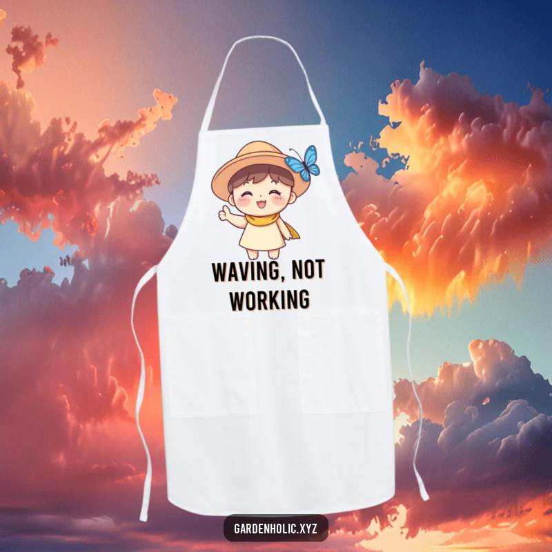 Funny Sun Hat Character Apron: A smiling character in a sun hat waves enthusiastically while protecting the wearer from kitchen messes.
