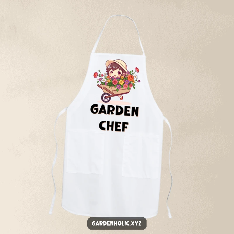 Funny apron depicting a character with a playful swagger carrying a wheelbarrow bursting with colorful flowers.