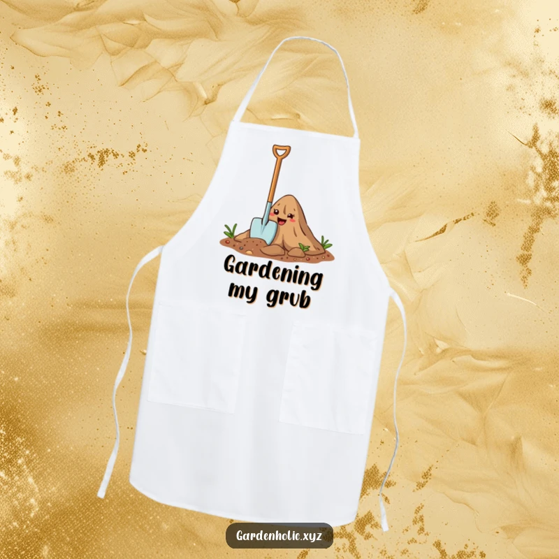 Funny Apron: A happy cartoon trowel digs into dirt, a humorous and protective apron for gardeners.