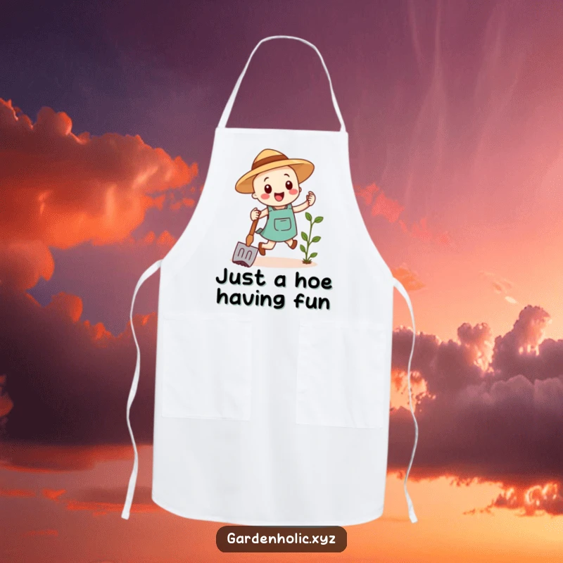 Funny apron with a cheerful gardening hoe performing a happy hop, designed for kitchen and garden fun with a humorous touch.