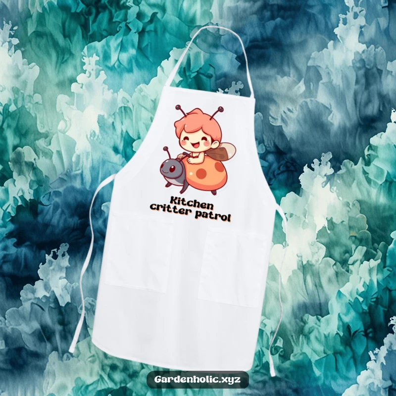 Funny apron featuring a cheerful character riding a ladybug, perfect for kitchen fun and spreading smiles, a practical and funny gift.