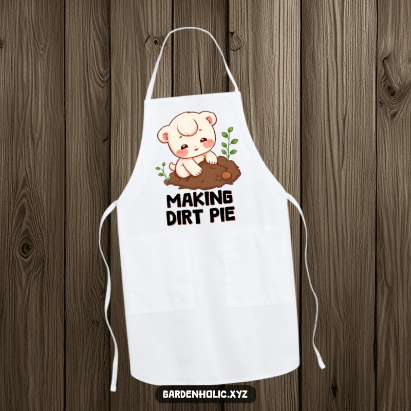 Funny Apron: Character with rosy cheeks digging in soil, designed for protecting clothes with a humorous touch.