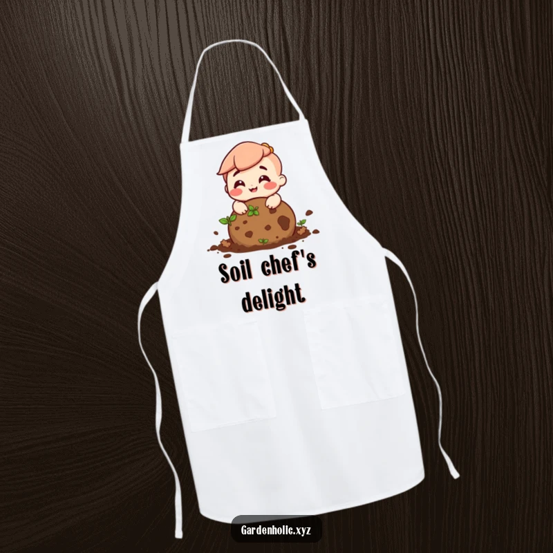 Funny apron showcasing a smiling character rolling a ball of dirt, perfect for messy gardening tasks.