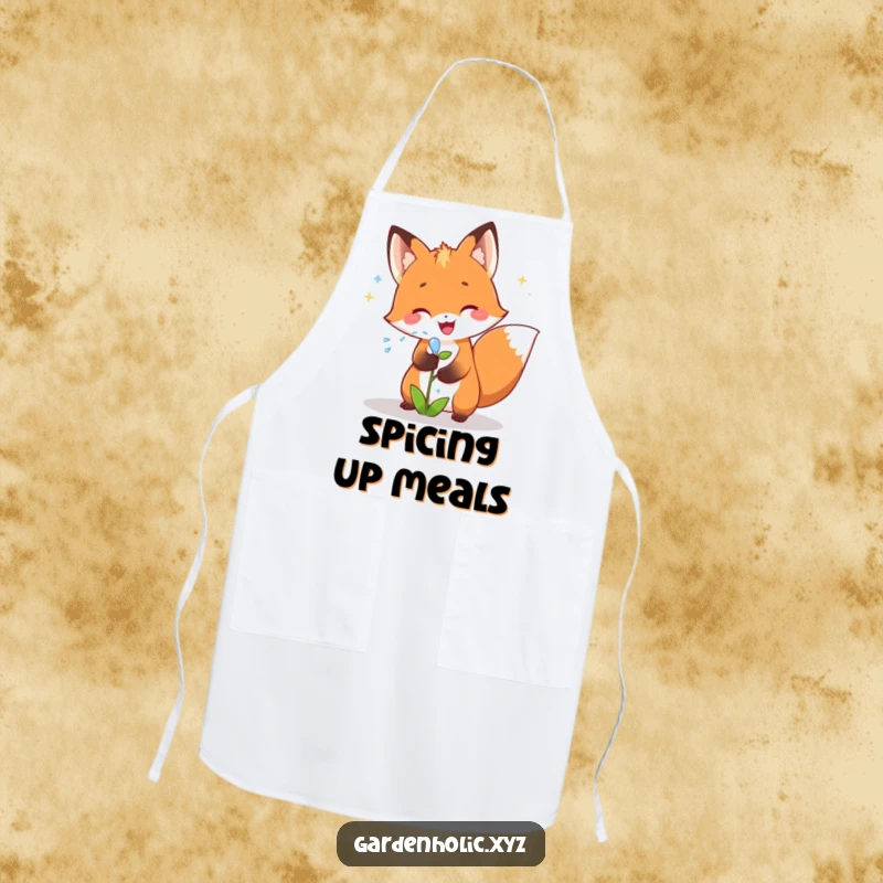 Funny fox apron showing a joyful fox showering a small plant with sparkling water, ideal for a humorous nature gift.
