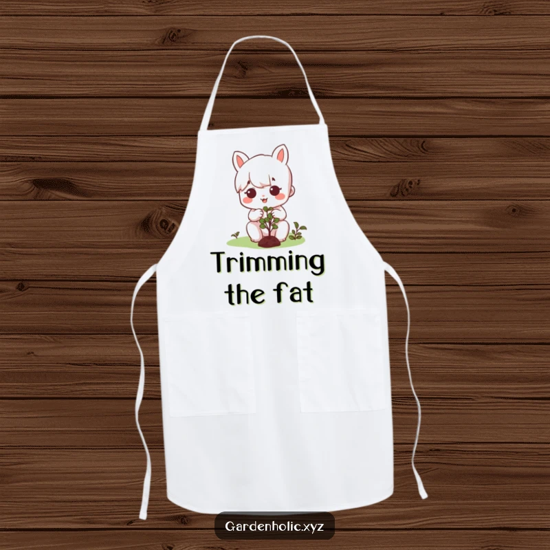 Funny apron showing a character with a gleeful, focused expression, carefully pruning a tiny, manicured bush, ideal for garden work.