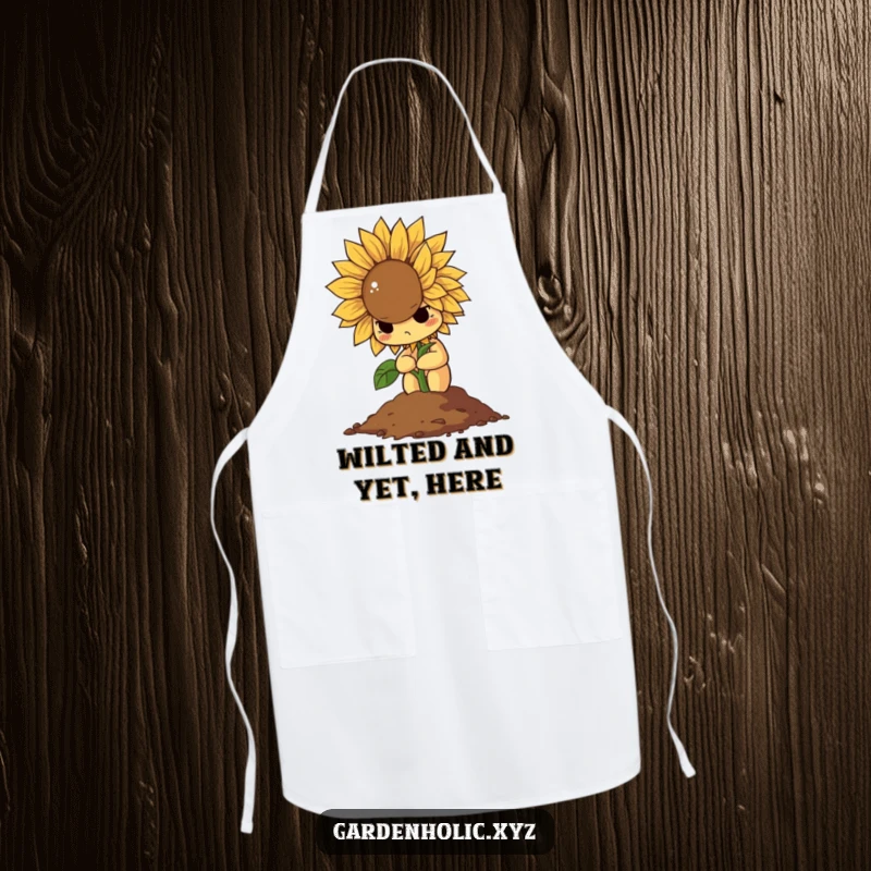 Funny apron featuring a determined sunflower dramatically wilting into a pile of soil, perfect for humorous kitchen tasks.
