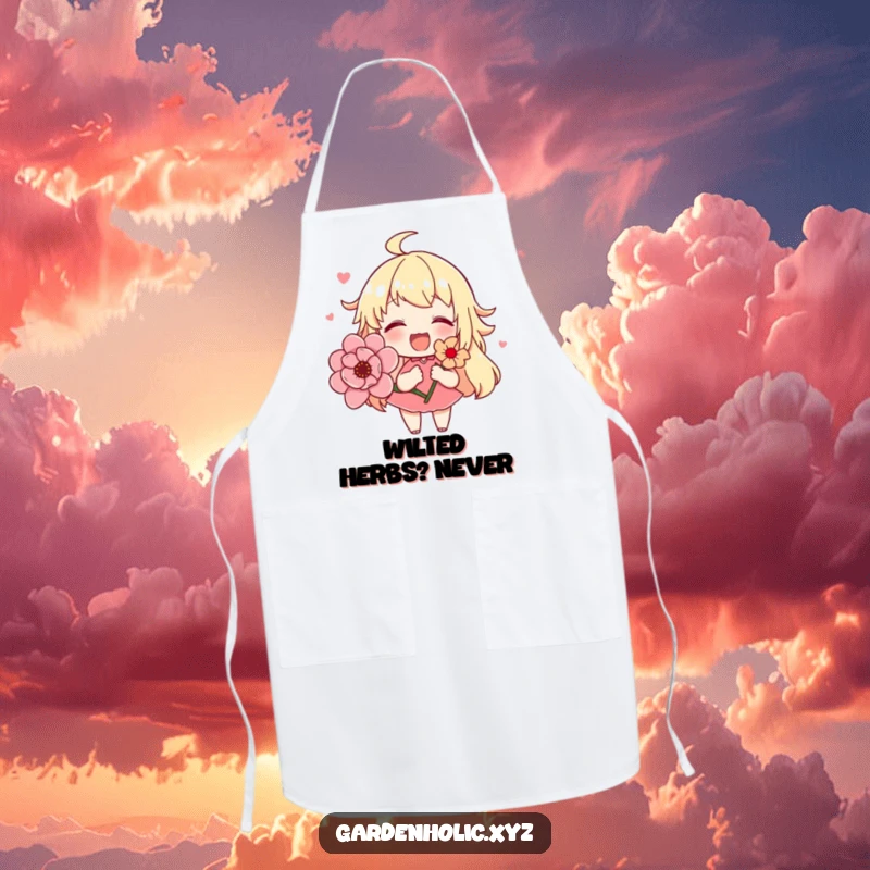 Funny apron decorated with a cute character's happy expression while holding a gorgeous blooming flower, ideal for kitchen fun.