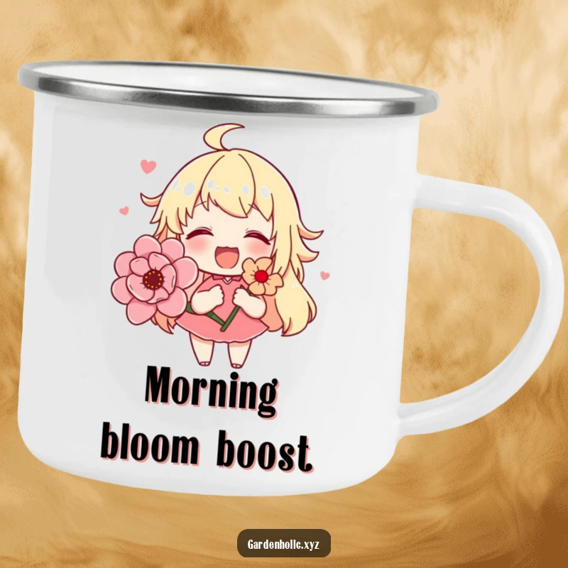 Funny camping mug showing a cute character happily holding a beautiful blooming flower, designed for outdoor enthusiasts who love humor.