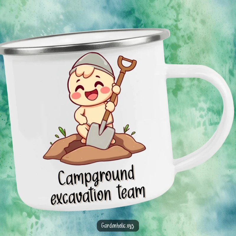 Funny camping mug featuring a beaming character enthusiastically digging a perfect hole with a spade, for humorous outdoor sipping.