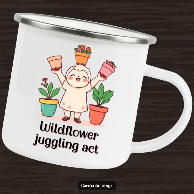 Funny gardener camping mug showing a playful character juggling three colorful flower pots, a great funny gift.