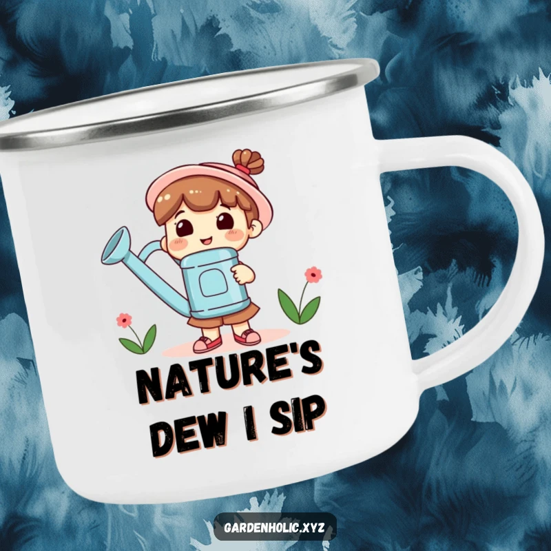 Funny Camping Mug of a smiling character holding a huge watering can, perfect for outdoor gardening sessions.