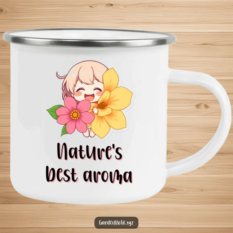 Funny camping mug featuring a character giggling madly while holding a large, vibrant flower, perfect for outdoor enjoyment.