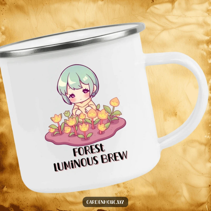 Funny Camping Mug: Durable mug showing a character tending to softly glowing plants, perfect for magical outdoor moments.