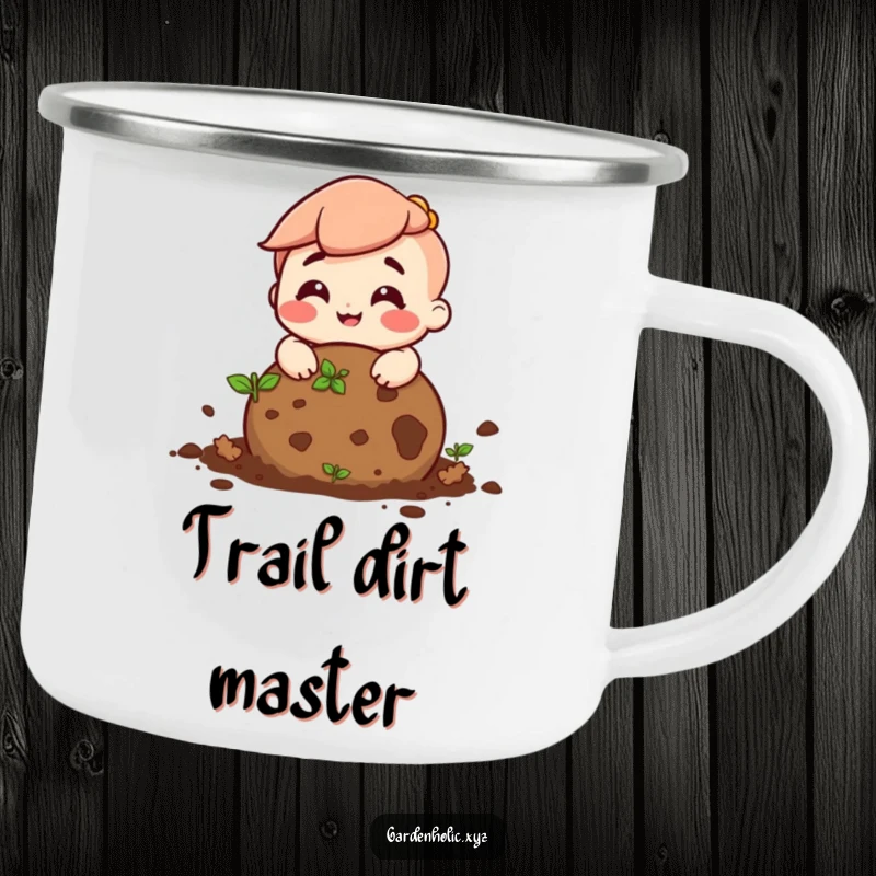 Funny camping mug featuring a character with a cheerful grin rolling a ball of soil, perfect for outdoor beverages.