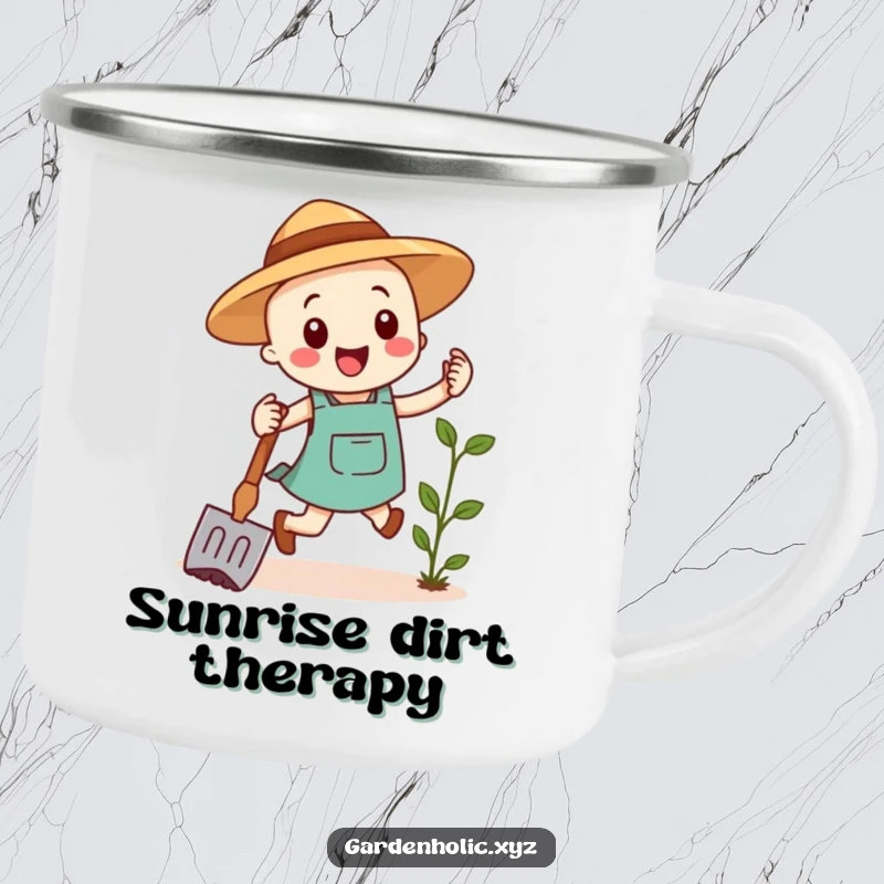 Funny camping mug featuring a happy gardening hoe doing a cheerful hop, bringing humor to outdoor adventures and campsite drinks.