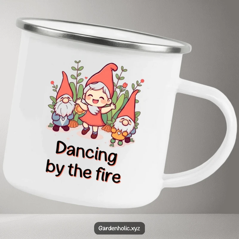 Funny joyful character dancing with garden gnomes, depicted on a sturdy camping mug, ready for campfire tunes and smiles, a durable funny gift.