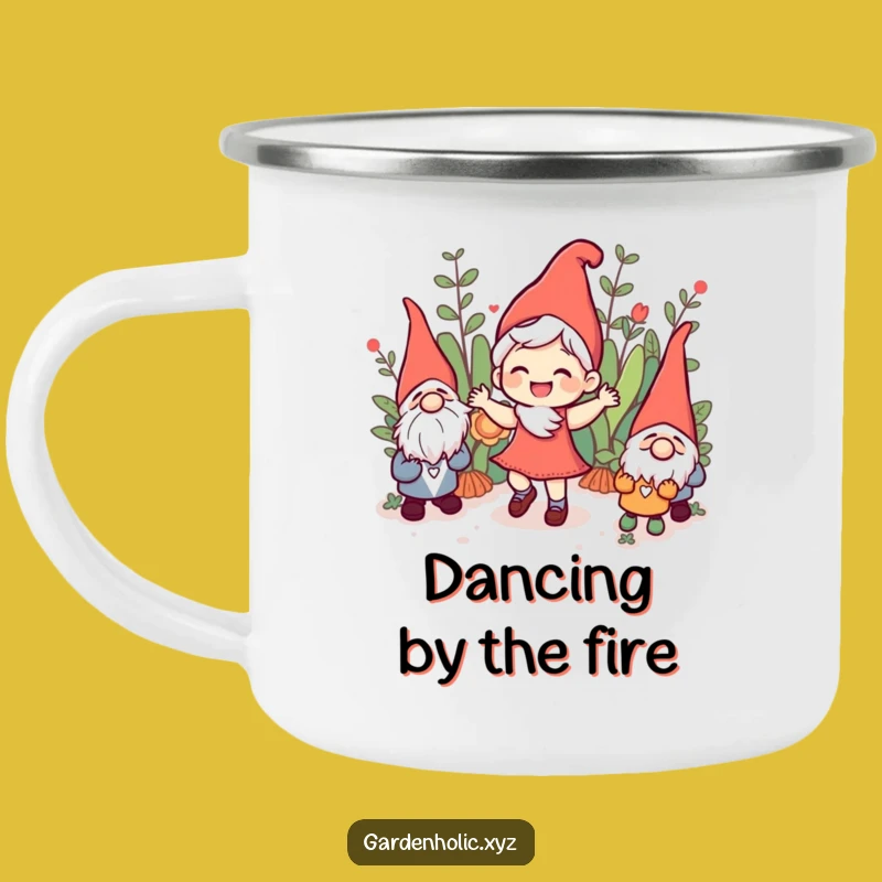 Funny Joyful Character Camping Mug - Dance Around the Campfire with Gnomes