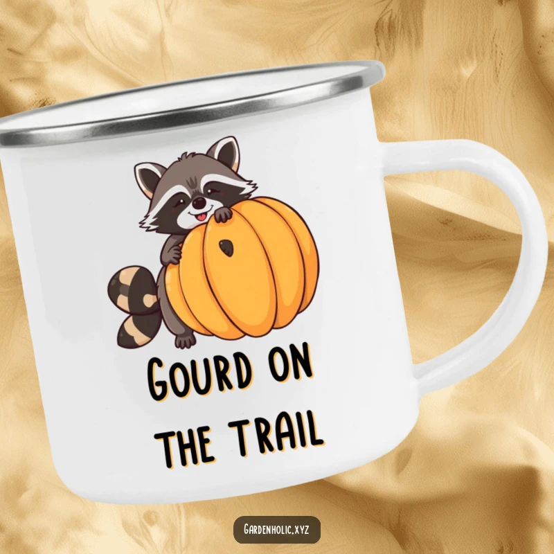 Funny raccoon camping mug showing a giggling raccoon trying to balance a huge pumpkin, ideal for outdoor autumn adventures.