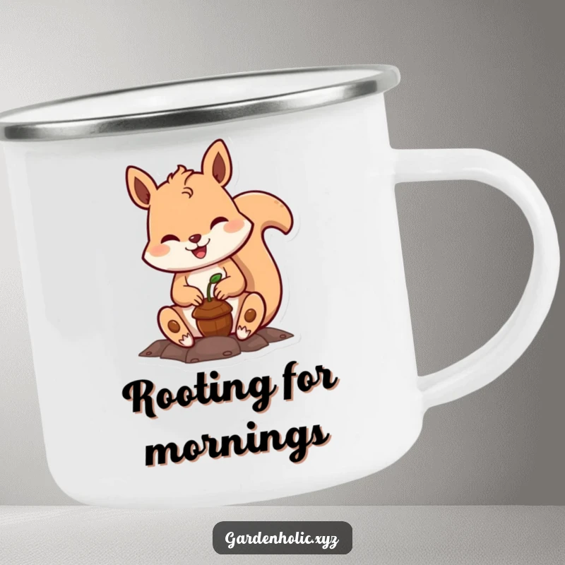 Funny squirrel camping mug, a happy character planting a tiny acorn, perfect for outdoor enthusiasts who appreciate cute and humorous designs.