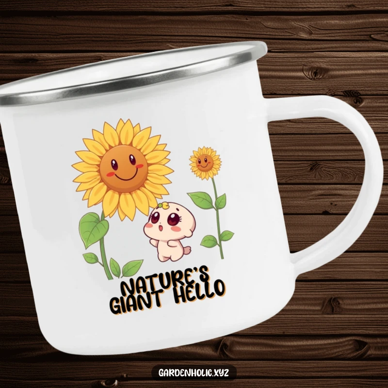 Funny camping mug featuring a wide-eyed surprised character gazing at a giant, smiling sunflower, ideal for humorous outdoor sipping.