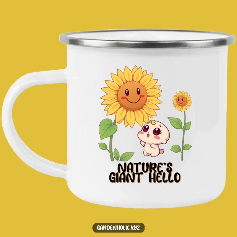 Funny Surprised Character Sunflower Camping Mug - Outdoor Laughs Guaranteed