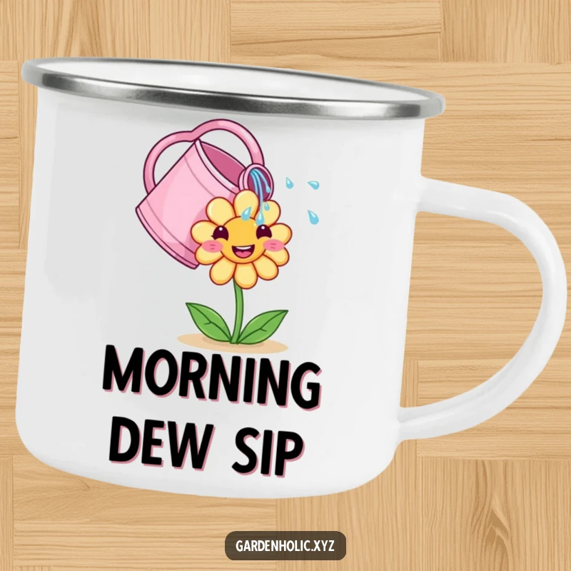 Funny Camping Mug: A cute watering can showers a smiling flower, perfect for enjoying drinks during outdoor adventures.