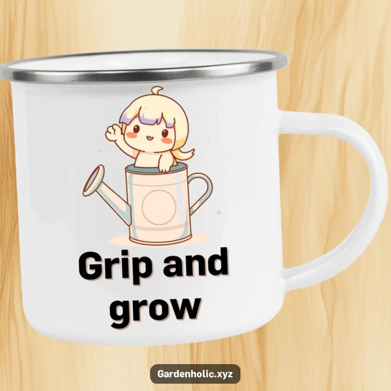 Funny camping mug with a character waving from a watering can, designed for outdoor fun and humor.