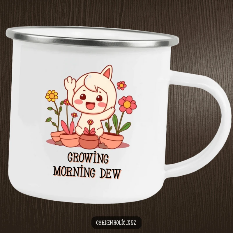 Funny camping mug with a character waving happily amidst cheerful plants, perfect for the outdoorsy plant lover.