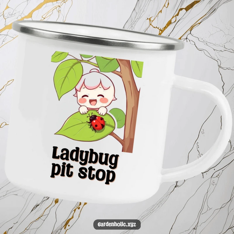 Funny camping mug with a joyful character catching a falling ladybug on a leaf, celebrating the outdoors.