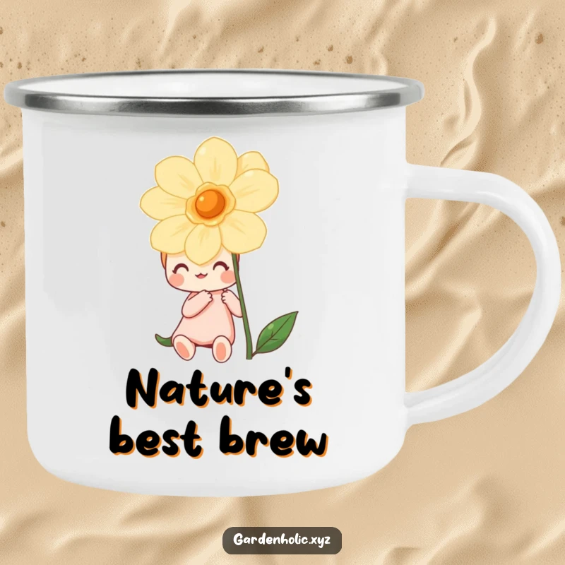 Funny camping mug featuring a happy character admiring a vibrant flower during an outdoor adventure, blending nature and humor.